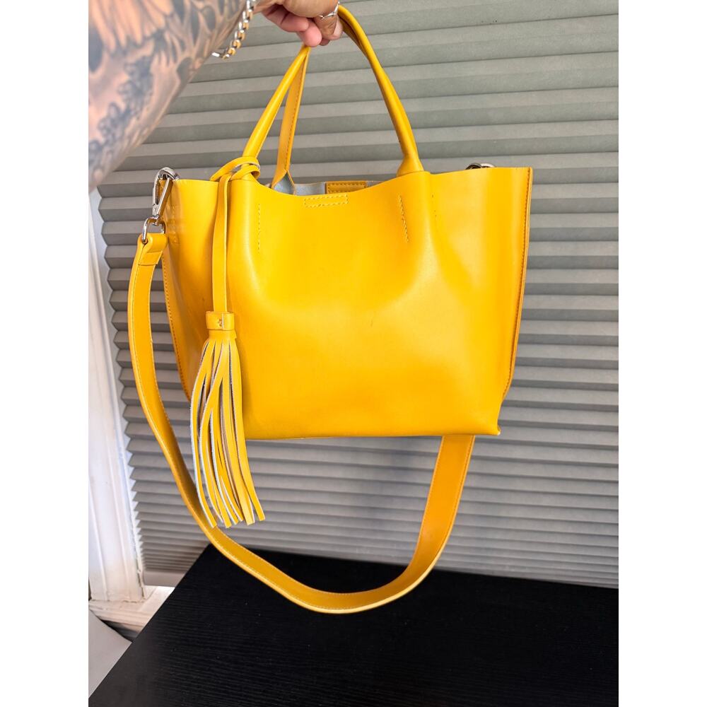 Co-Lab Bright Yellow Faux Leather Tote Bag Tassel Crossbody Removable Pouch